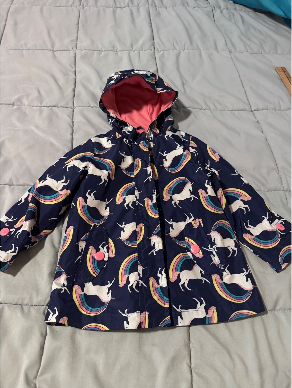 Carter’s Girls 24M Unicorn Rainbow Hooded Rain Jacket Navy Pink Toddler